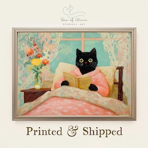 Cat in Pajamas Oil Painting, Black Cat in Bed with Book, Cute Whimsical Wall Decor for Cat Lovers, Vintage Oil Painting Style, MAILED PRINT