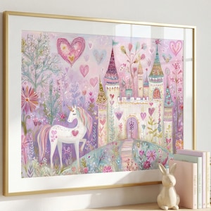 Unicorn Wall Art, Whimsical Castle Painting, Fairy Tale Nursery Art, Watercolors Unicorn Art for Girls Room, Pink Magical Fantasy Decor image 1