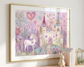 Unicorn Wall Art, Whimsical Castle Painting, Fairy Tale Nursery Art, Watercolors Unicorn Art for Girls Room, Pink Magical Fantasy Decor