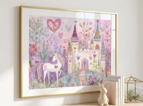 Unicorn Wall Art, Whimsical Castle Painting, Fairy Tale Nursery Art, Watercolors Unicorn Art for Girls Room, Pink Magical Fantasy Decor