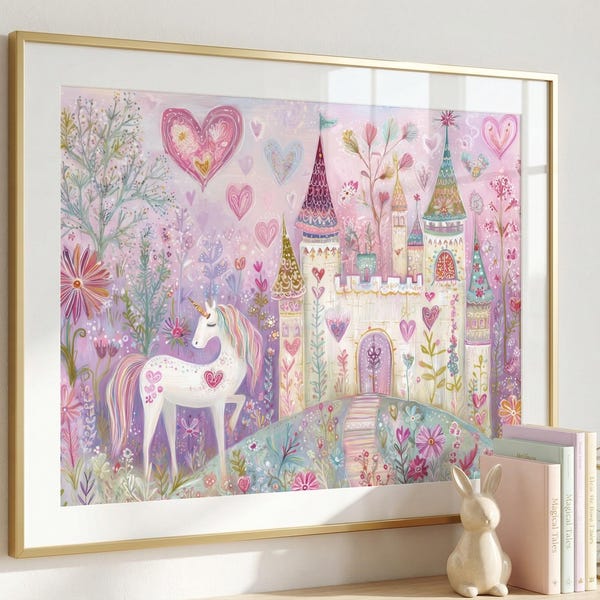 Arte mural de unicornios, pintura de castillo caprichoso, arte infantil de cuento de hadas, acuarelas de unicornios para la habitación de niñas, decoración mágica de fantasía rosa