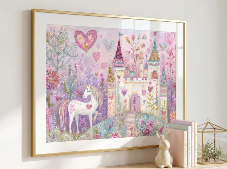 Unicorn Wall Art, Whimsical Castle Painting, Fairy Tale Nursery Art, Watercolors Unicorn Art for Girls Room, Pink Magical Fantasy Decor image 1