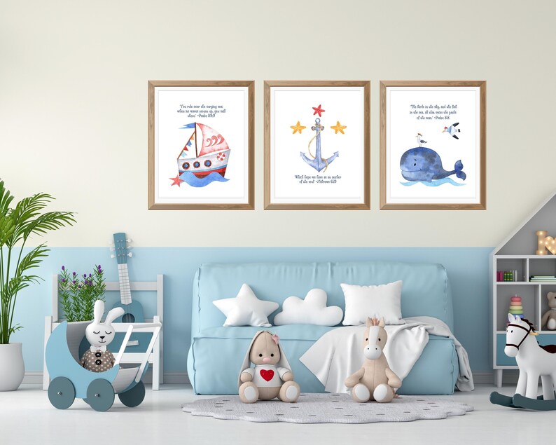 Nautical Nursery Wall Decor Prints Set of 3 Boys Christian Nursery Printable Art Bible Verses