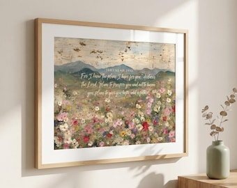 Décoration murale inspirée du verset biblique Jérémie 29:11 - Impression biblique chrétienne avec fleurs sauvages, style vintage, paysage floral, inspiration religieuse
