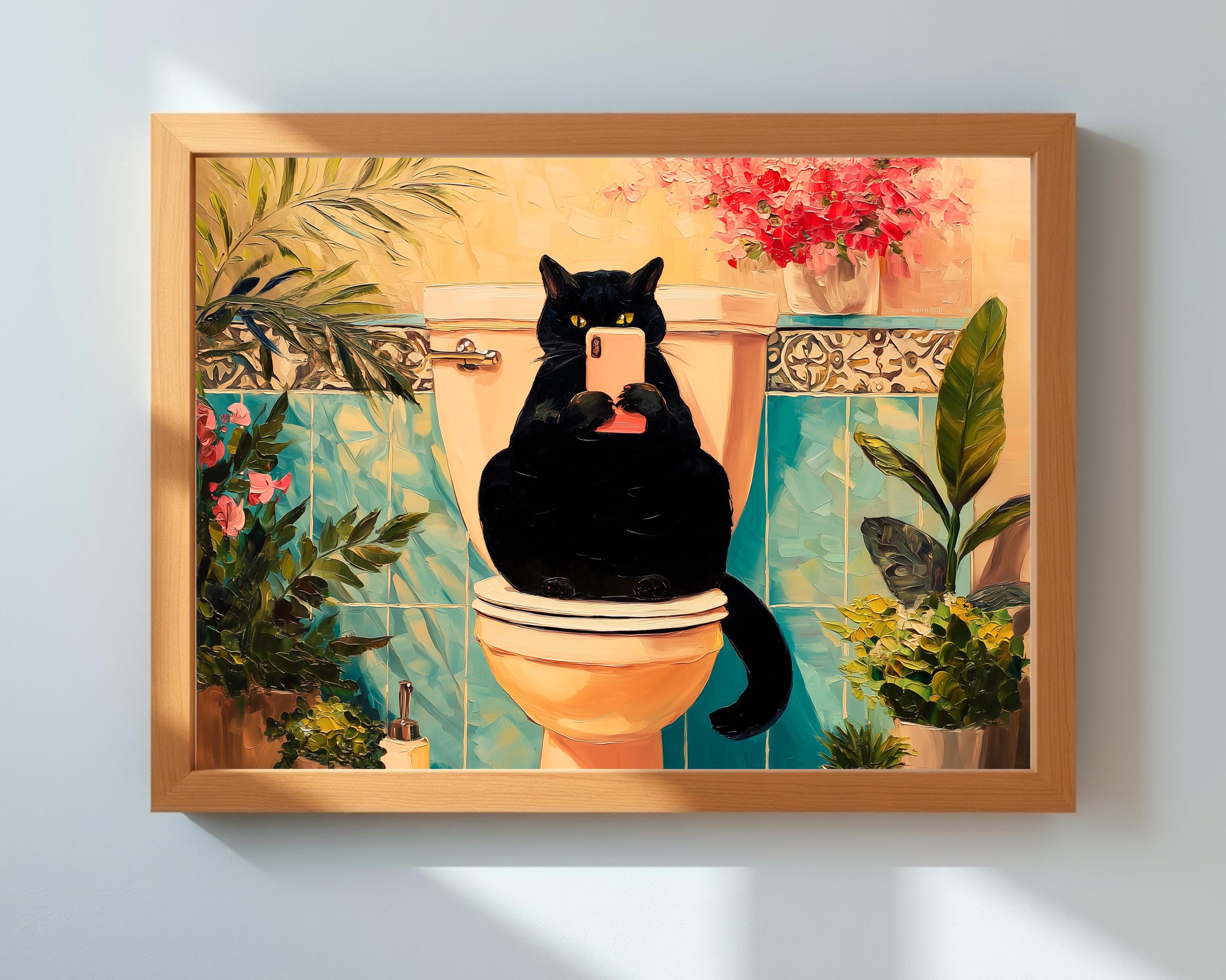 Vintage Black Cat Bathroom Art Print: Funny Cat Lover Gift, Retro Cat ...