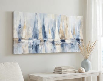 Neutral Blue Sailboat Canvas Art, Abstract Coastal Wall Decor, Beige & Navy Boat Painting Print, Modern Nautical Seascape Artwork