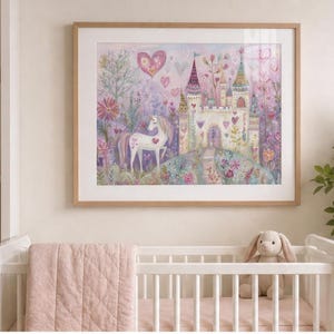 Unicorn Wall Art, Whimsical Castle Painting, Fairy Tale Nursery Art, Watercolors Unicorn Art for Girls Room, Pink Magical Fantasy Decor image 3