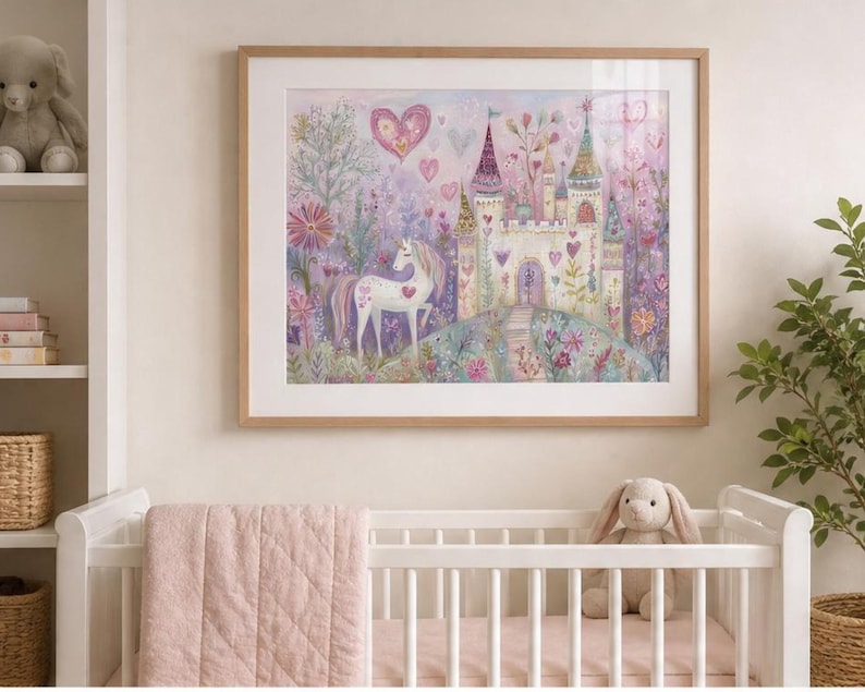 Unicorn Wall Art, Whimsical Castle Painting, Fairy Tale Nursery Art, Watercolors Unicorn Art for Girls Room, Pink Magical Fantasy Decor image 3