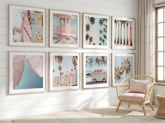 Set of 8 Pastel California Beach Prints ~ Surfboards, Palm Trees ~ Summer Coastal Wall Art for Teen Girl Dorm Room or Boho Beach House Decor