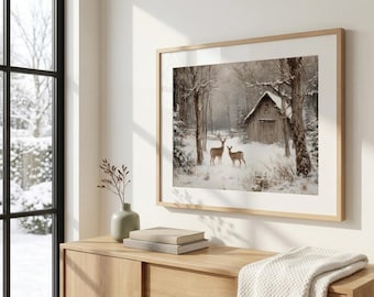 Deer Scene Print, Winter Landscape Art, Holiday Gift, Winter Style, Rustic Wall Decor, Winter Woodland Wall Art, Christmas Wall Art