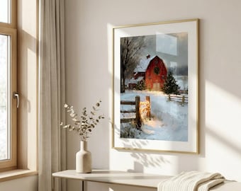 Rustic Red Barn Christmas Print, Snowy Winter Farmhouse Art, Winter Style, Holiday Decor, Country Christmas Gift, Cozy Seasonal Home Decor