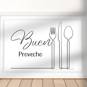 Buen Provecho One Line Drawing Spanish Quote Kitchen Wall Art | Dining Room Printable Art | Minimalist Kitchen Decor | Restaurant Sign