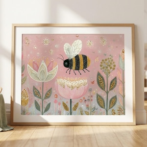Decorazione murale con ape bizzarra – Stampa floreale pastello per cameretta dei bambini, decorazione boho per cameretta dei bambini nei toni del rosa e del verde (stampa fisica spedita per posta) immagine 9