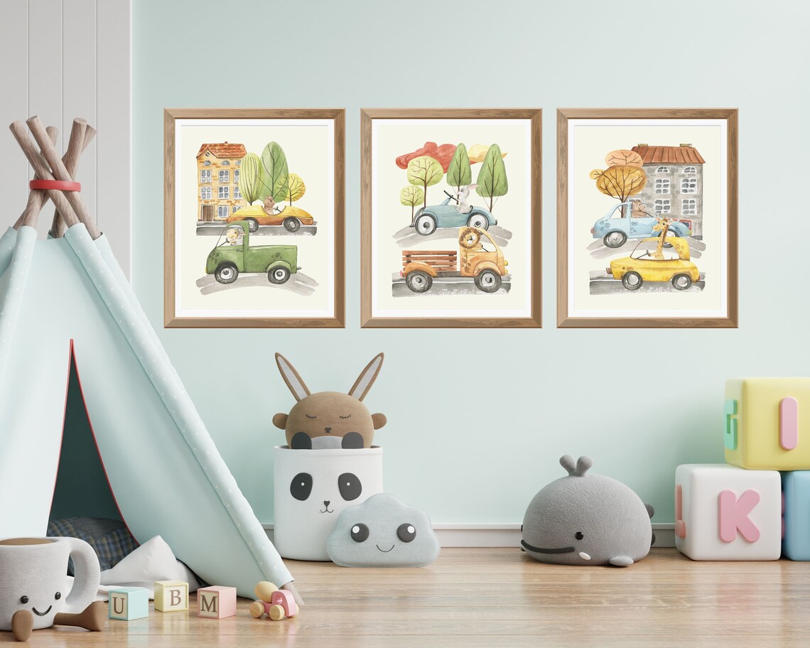 Car Nursery Decor Art Prints Animals Driving Trucks and Cars Etsy