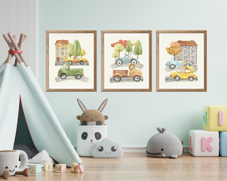 Car Nursery Decor Art Prints Animals Driving Trucks and Cars Etsy