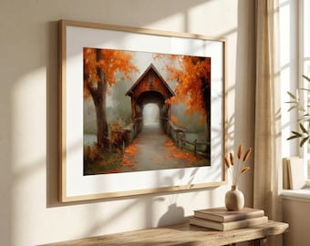 Print van een brug met herfstlandschap, rustieke boerderijstijl muurdecoratie, rustiek landschap, cottagecore herfstdecoratie voor thuis, lodgeprint, herfstdecoratie