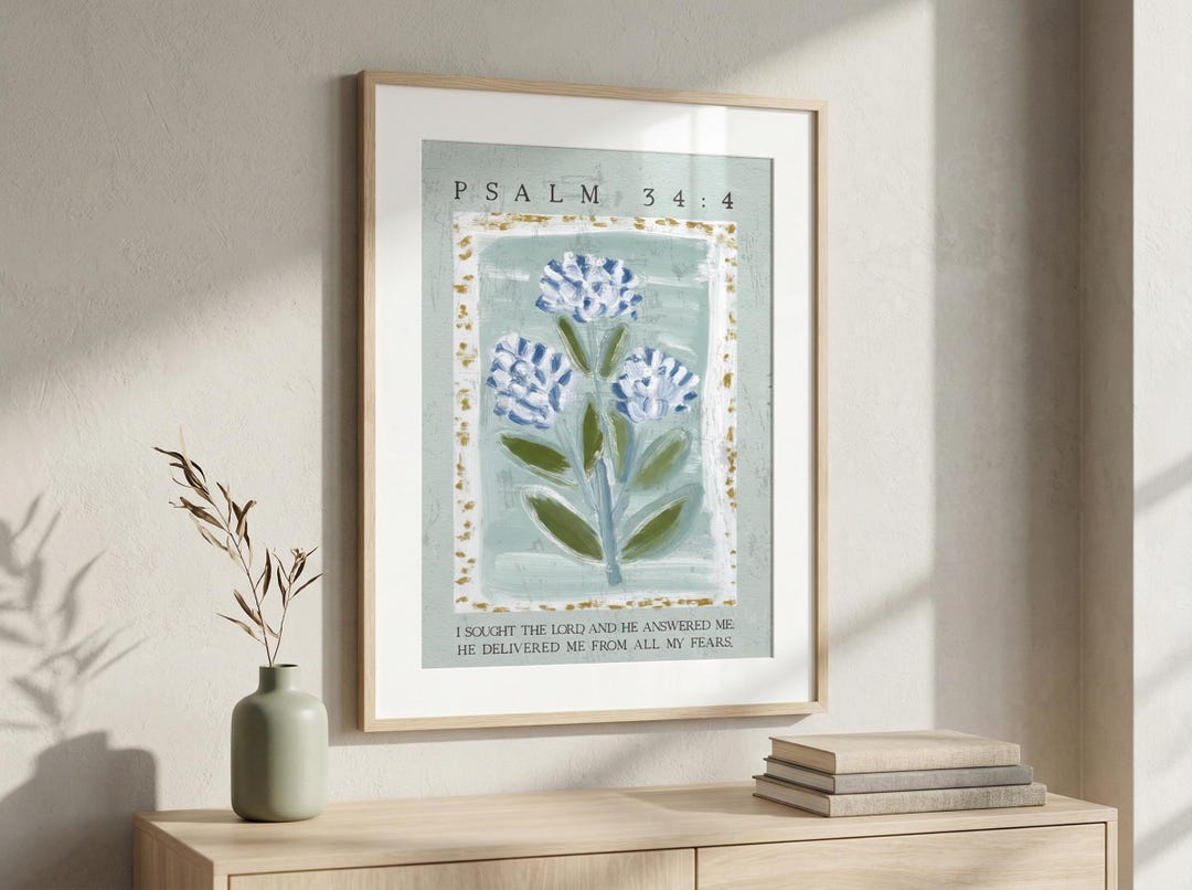 Psalm 34:4 Bible Verse Wall Art, Christian Floral Printable, Scripture ...