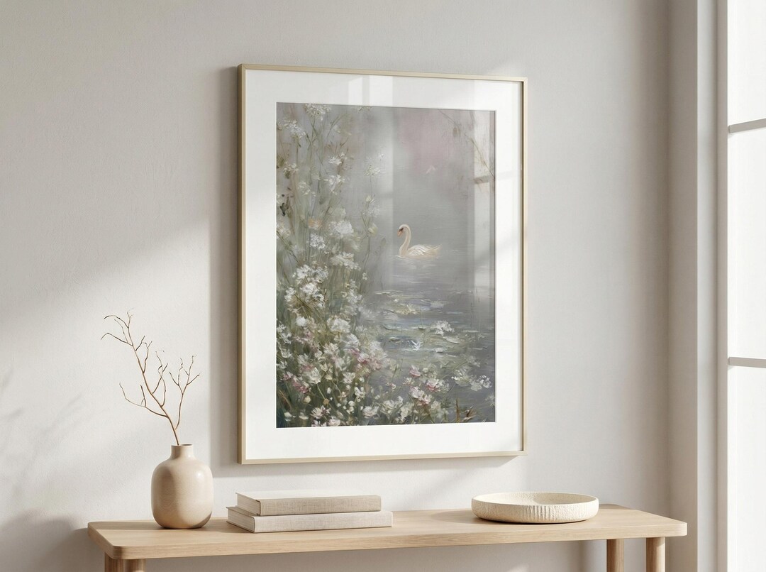 Soft Swan Lake Print: Romantic Vintage Oil Painting Style, Pastel White ...