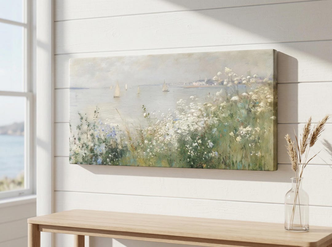 Vintage Coastal Sailboat Canvas Wall Art, Wildflower Seascape Painting ...