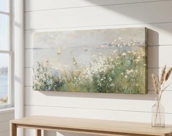Vintage Coastal Sailboat Canvas Wall Art, Wildflower Seascape Painting Print, Impressionist Ocean Landscape Decor, Nautical Beach Home Art