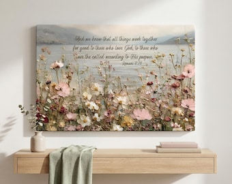Romans 8:28 Scripture Art Print on Canvas – Floral Landscape Wall Art, Vintage Christian Bible Verse, Christian Encouragement Gift