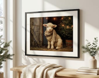 Christmas Baby Lamb Wall Art, Rustic Farmhouse Print, Winter Style, Sheep Wall Art, Holiday Decor, Christmas Gift, Sheep Winter Print