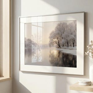 Snowy Sunset Landscape Art Print, Cozy Farmhouse Interiors, Rustic Cabins, Elegant Seasonal Decor, Nature Lovers Gift, Christmas Home Decor