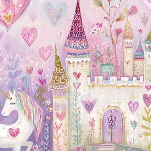 May include: A colourful illustration featuring a white unicorn with a rainbow mane and a golden horn standing beside a light-coloured castle. The scene is decorated with numerous pink and purple hearts, stylised flowers, and tall, pointed towers.