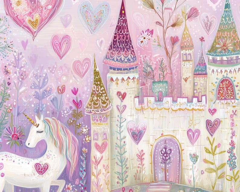 May include: A colourful illustration featuring a white unicorn with a rainbow mane and a golden horn standing beside a light-coloured castle. The scene is decorated with numerous pink and purple hearts, stylised flowers, and tall, pointed towers.