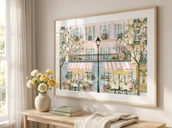Paris Cafe Wall Art Print ~ Romantic French Flower Market Poster | Cottagecore Parisian Decor for Feminine Bedroom & Shabby Chic Home