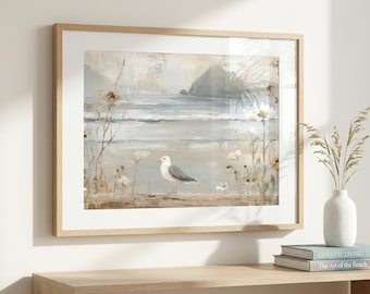 Shorebird Coastal Wall Art ~ Seagull on Driftwood Print ~ Neutral Beach Home Decor ~ Vintage Matte Poster ~ Floral Coastal Artwork ~ Seagull