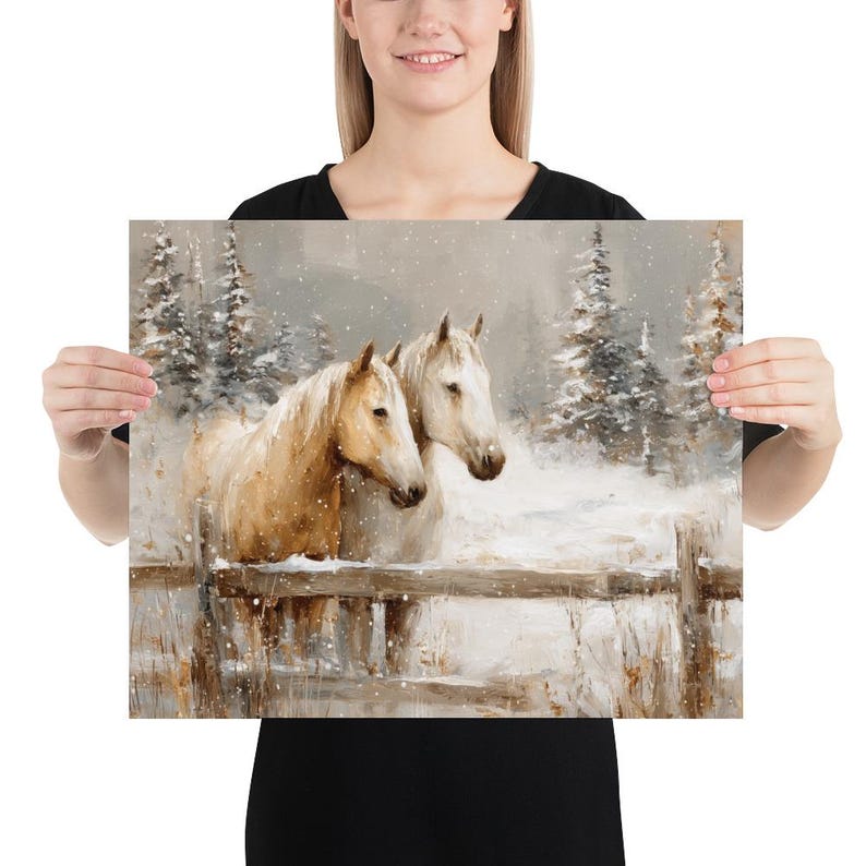 May include: A print featuring two horses in a snowy landscape. The horses, one light brown and one white, stand near a wooden fence. Snow-covered evergreen trees are in the background, creating a winter scene.