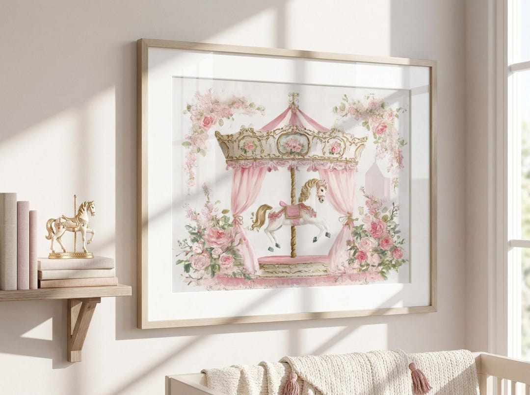 Pastel Vintage Carousel Horse Nursery Art Print: Whimsical Floral Wall ...