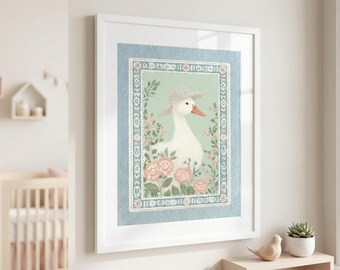 Duck in Sun Hat Print: Grandmillennial Cottagecore Nursery Art (Digital Download