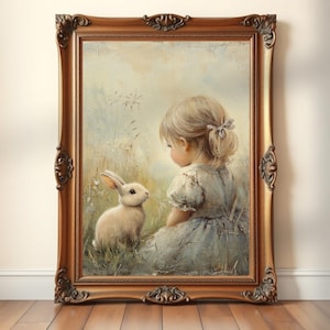 Girl and Bunny Vintage Print: Rustic Farmhouse Easter Decor (Digital Download)