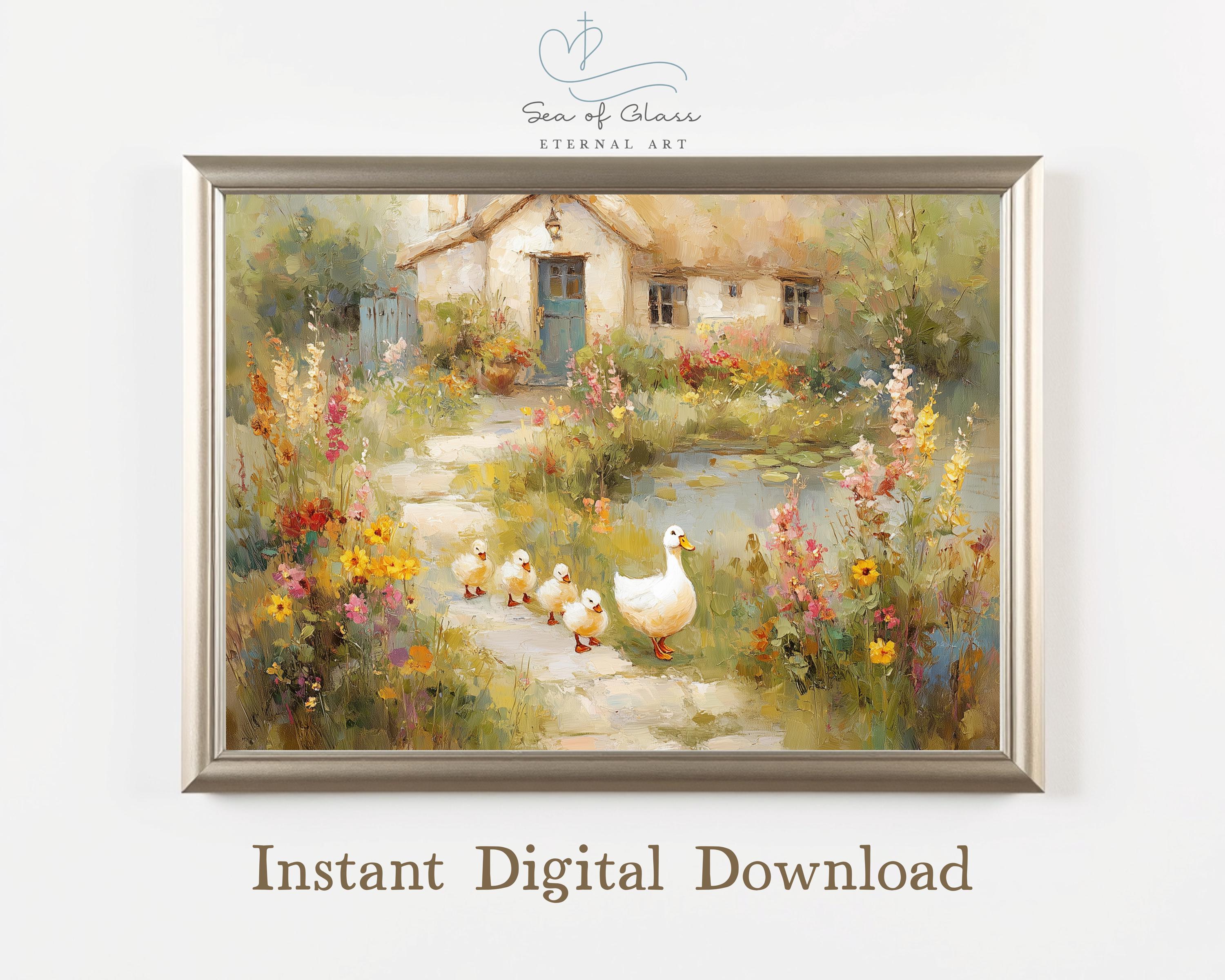 Mother Duck and Ducklings Print: Vintage Cottage Garden Art (Digital Download