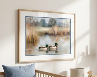 Stockente Enten Ölgemälde: Rustikale Bauernhaus See Szene Kunst, Vintage Enten Wandkunst, Haus am See Dekor (Digitaler Download)