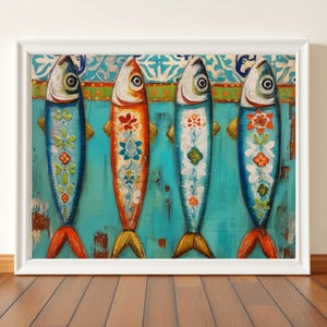 Dipinto di sardine su carta di qualità museale (cornice non inclusa) – Decorazione da cucina mediterranea colorata – Arte nautica vintage con pesci