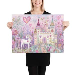 Whimsical Unicorn Castle Wall Art, Fairy Tale Nursery Print, Pastel Valentine Unicorn Art for Girls Room, Magical Fantasy Decor