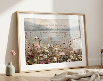 Romains 8:28 impression physique des écritures - art mural floral paysage côtier, impression de versets bibliques vintage, cadeau d'encouragement chrétien