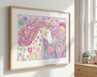 Whimsical Unicorn Wall Art, Pastel Nursery Unicorn Print, Fairy Nursery Decor, Magical Girls Room Art, Storybook Fantasy Art, Girl Room Art