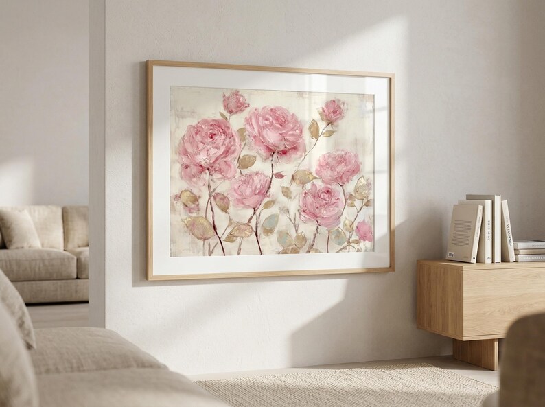 Cottagecore Rose Art Print, Blush Pink Floral Rose Print, Vintage Botanical Wall Art, Pink Rose Art, Wedding Gift, Romantic Wall Art image 4