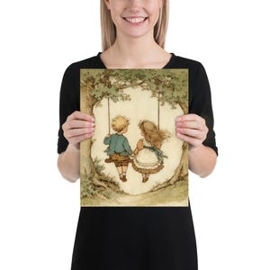 May include: A vintage-style print depicts two children on a swing. The boy wears a blue jacket, and the girl has a white dress with a blue bow. They are holding hands, swinging under a tree, with a soft, sepia-toned background.