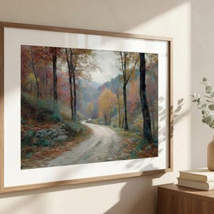 Herbstlicher Waldweg-Kunstdruck, rustikale Landschaftskunst im Cottagecore-Stil, Wandbild mit Herbstwaldmotiv, rustikaler Wanddruck, Geschenkidee im Herbststil, Herbstdekoration