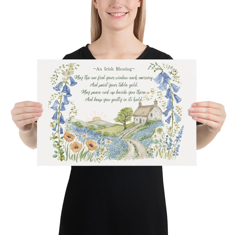 Konsttryck med irländskt husvälsignelse, irländsk stuga-väggkonst, keltisk heminredning, irländsk gåva, lantlig bondgårdslandskapskonst, sommarstil 12″×18″