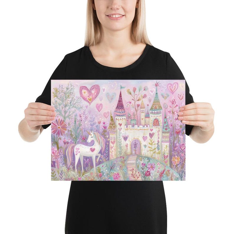 Whimsical Unicorn Castle Wall Art, Fairy Tale Nursery Print, Pastel Valentine Unicorn Art for Girls Room, Magical Fantasy Decor