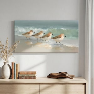 Sandpiper Beach Canvas Wall Art ~ Vintage Coastal Bird Print ~ Coastal Beach House Decor for Living Room ~ Nursery Bird Artwork Gift image 1
