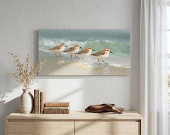 Cuadro decorativo de playa con aves playeras ~ Lámina vintage de aves costeras ~ Decoración para sala de estar con temática playera ~ Regalo ideal para la habitación infantil