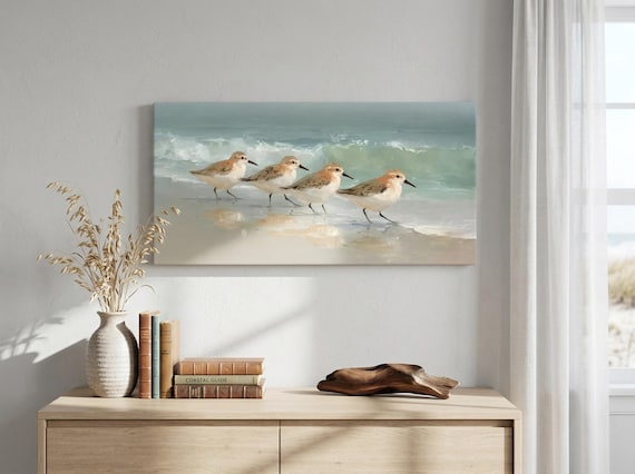 Sandpiper Beach Canvas Wall Art ~ Vintage Coastal Bird Print ~ Coastal Beach House Decor for Living Room ~ Nursery Bird Artwork Gift