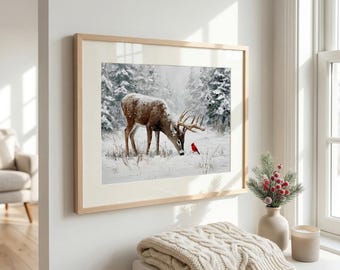 Rustic Woodland Wall Art, Snow Forest Animal Print, Deer & Cardinal Winter Decor, Cozy Cabin Holiday Wall Art, Nature Lover Gift, Xmas Gift